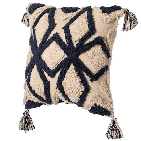 Deerlux 16" Throw Pillow Cover with Tufted Blue & White Geometric Pattern and Corner Tassels with Filler QI004306.GC.K